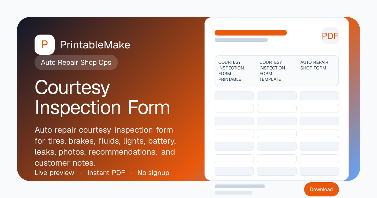 Courtesy Inspection Form — Free Printable PDF | PrintableMake ...