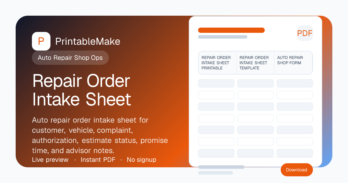 Repair Order Intake Sheet — Free Printable PDF | PrintableMake ...