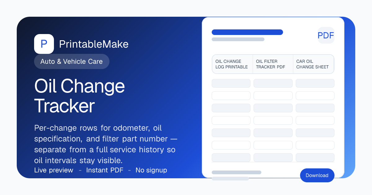Oil Change Tracker — Free Printable PDF | PrintableMake | PrintableMake