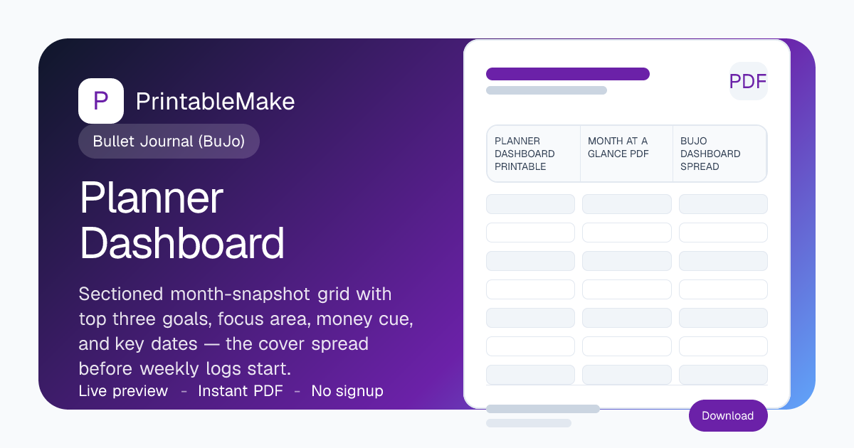 Planner Dashboard — Free Printable PDF | PrintableMake