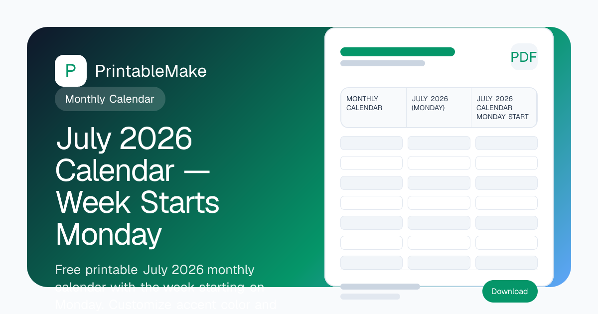 July 2026 Printable Calendar (Monday Start) — Free PDF