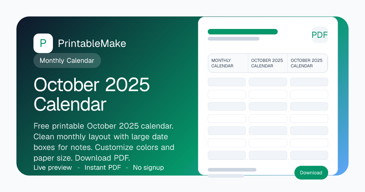 October 2025 Calendar — Free Printable Monthly PDF