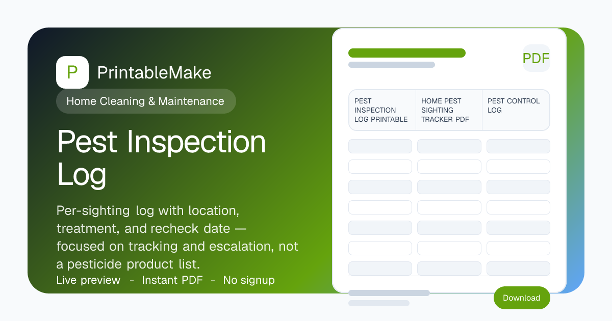 Pest Inspection Log — Free Printable PDF | PrintableMake | PrintableMake