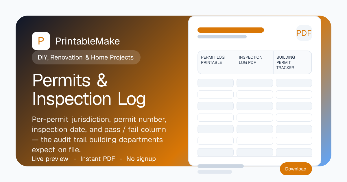 Permits & Inspection Log — Free Printable PDF | PrintableMake