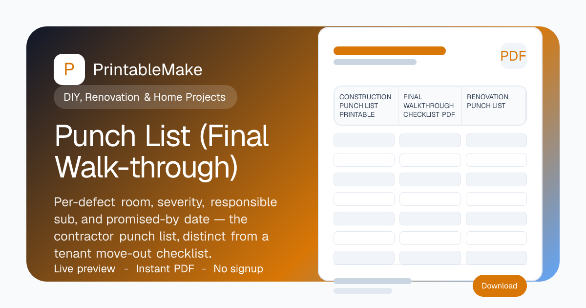 Punch List (Final Walk-through) — Free Printable PDF | PrintableMake