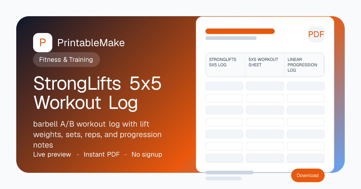 StrongLifts 5x5 Workout Log — Free Printable Progression PDF ...