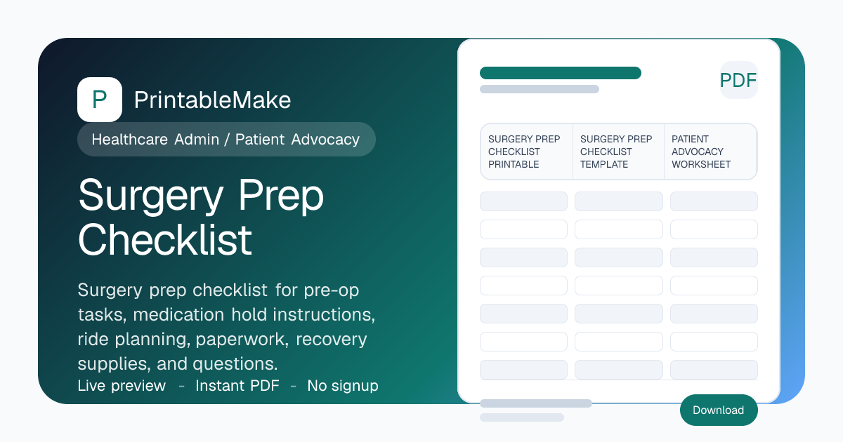 Surgery Prep Checklist — Free Printable PDF | PrintableMake | PrintableMake
