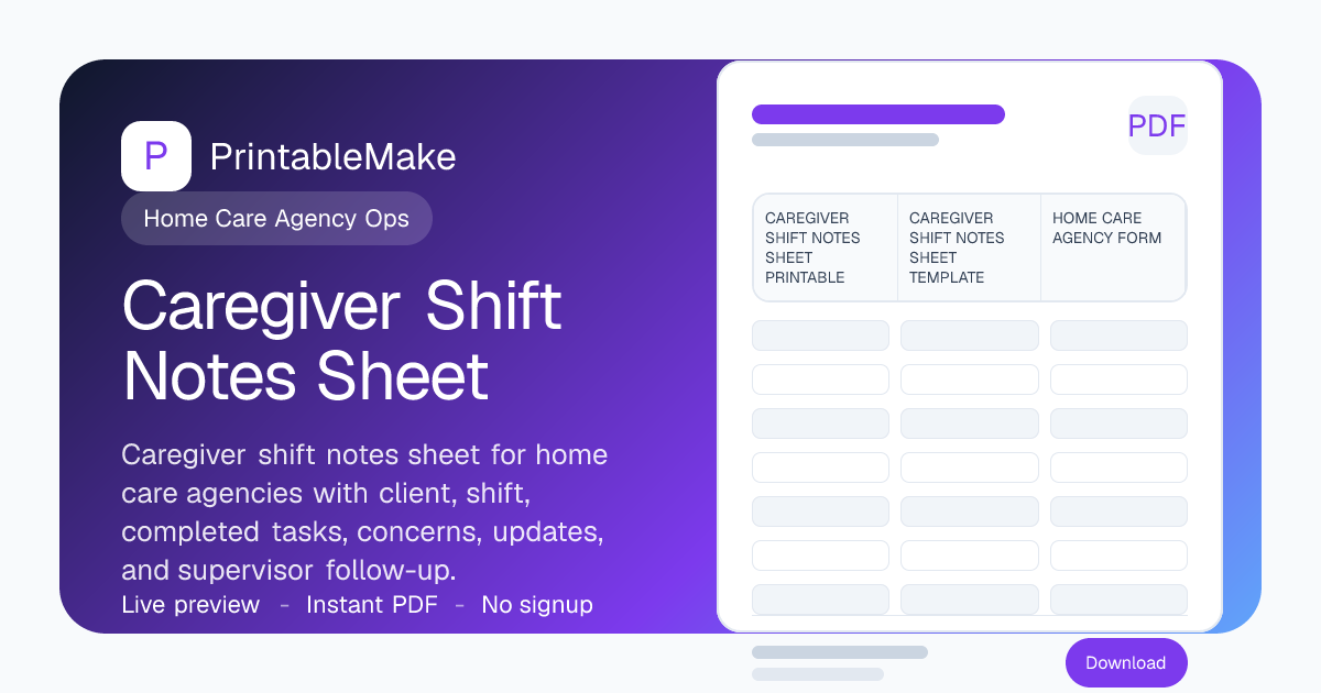 Caregiver Shift Notes Sheet — Free Printable PDF | PrintableMake ...