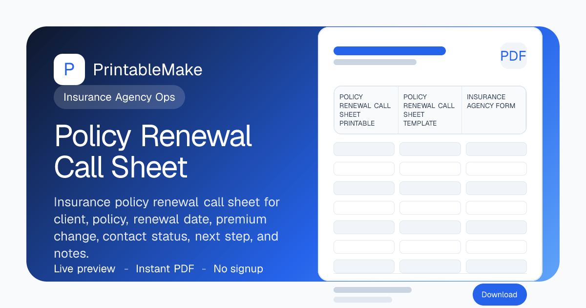 Policy Renewal Call Sheet — Free Printable PDF | PrintableMake ...