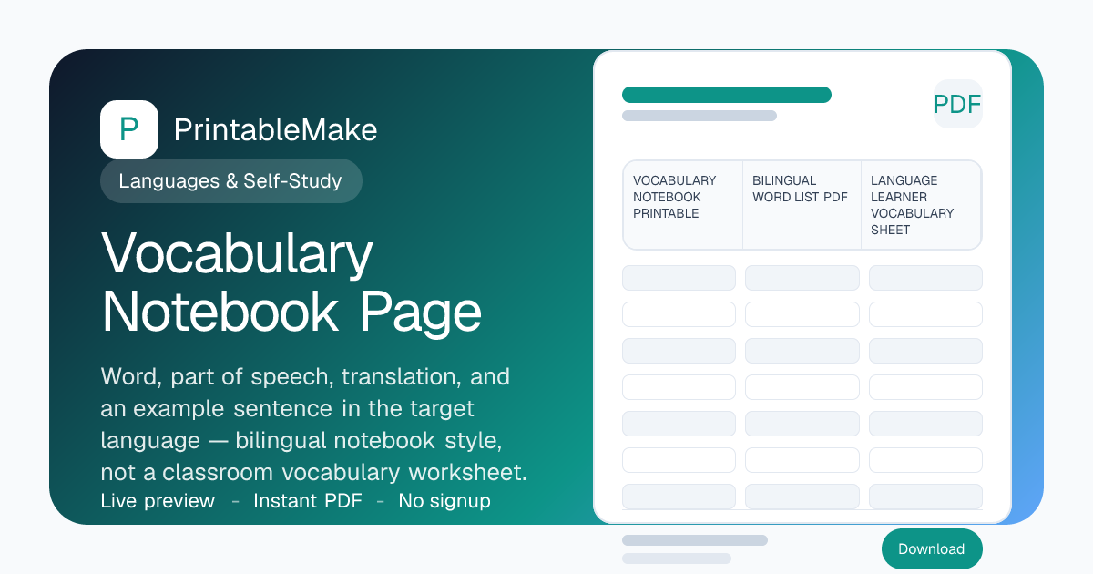 Vocabulary Notebook Page — Free Printable PDF | PrintableMake ...