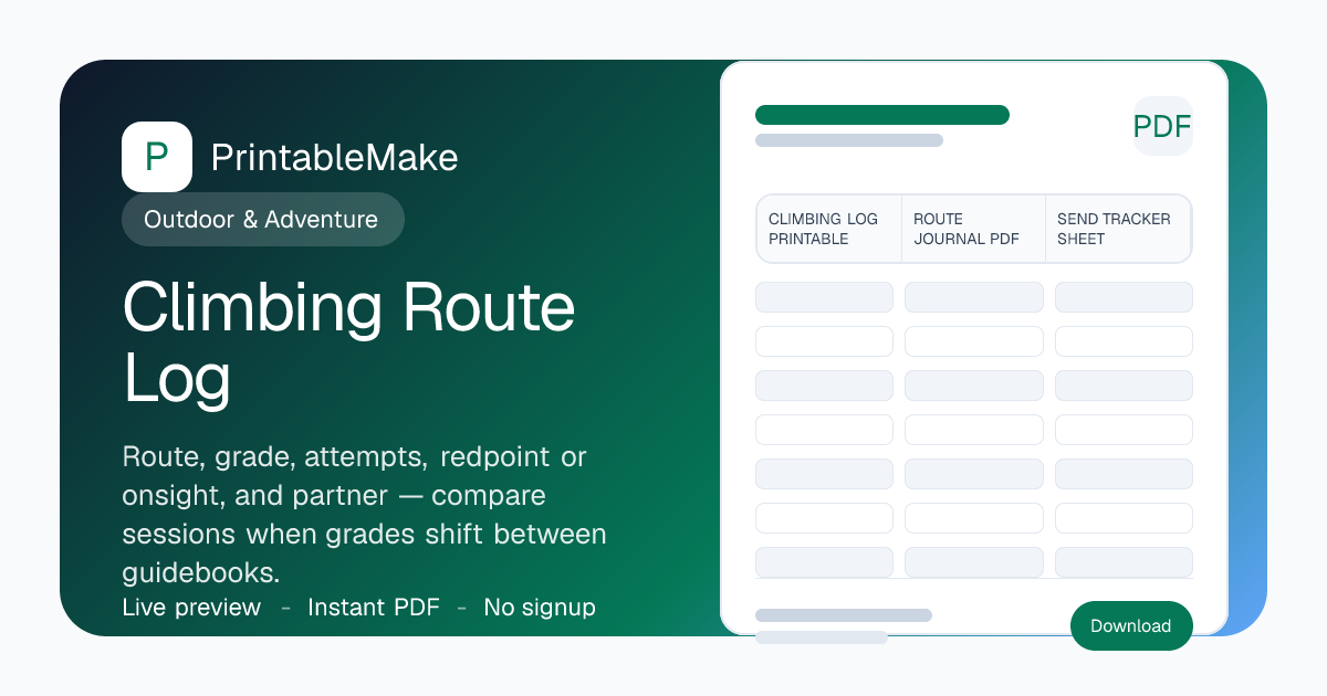 Climbing Route Log — Free Printable PDF | PrintableMake | PrintableMake