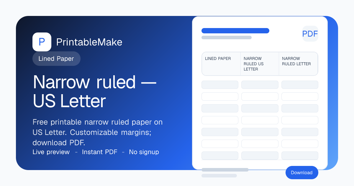 Narrow ruled Paper — US Letter — Free Printable PDF