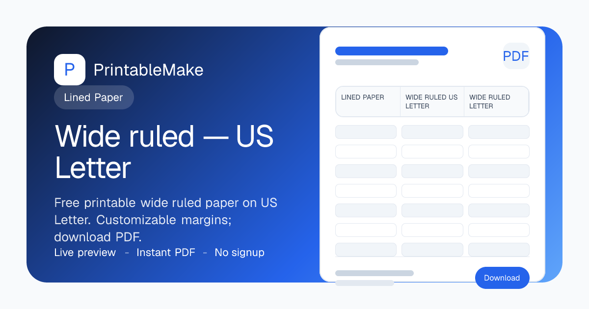 Wide ruled Paper — US Letter — Free Printable PDF