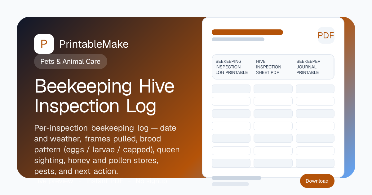 Beekeeping Hive Inspection Log — Free Printable PDF | PrintableMake ...