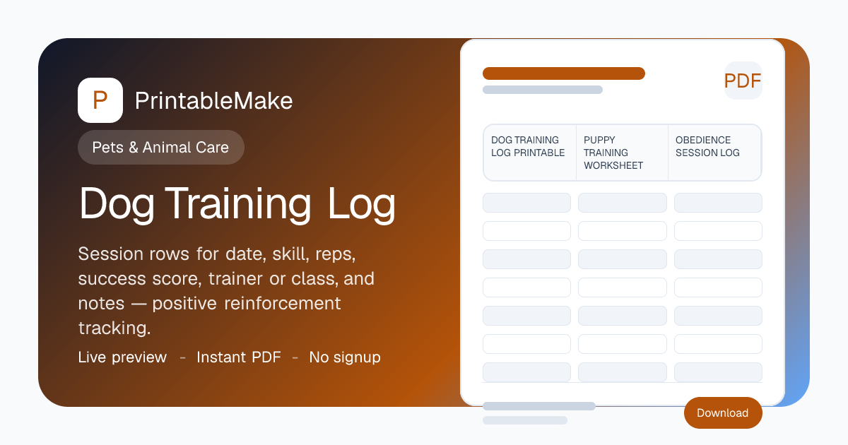 Dog Training Log — Free Printable PDF | PrintableMake | PrintableMake