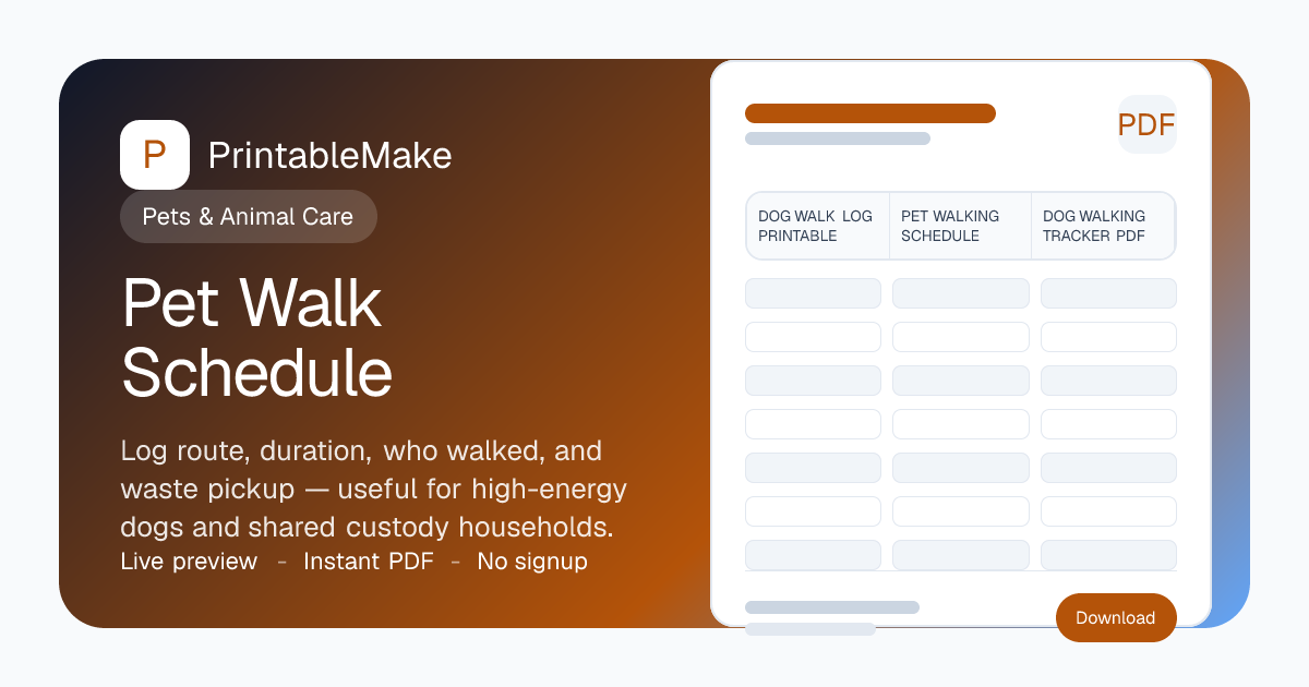 Pet Walk Schedule — Free Printable PDF | PrintableMake | PrintableMake