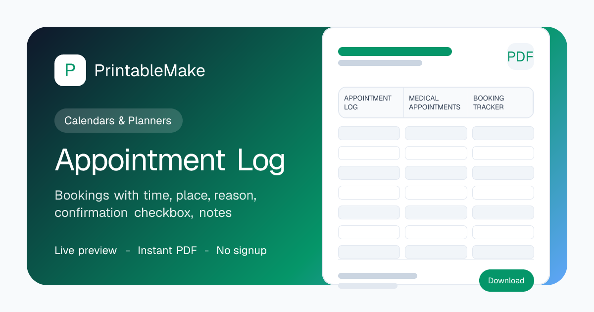 Appointment Log Printable — Visits & Bookings PDF | PrintableMake ...