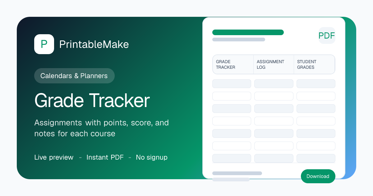 Grade Tracker Printable — Assignments & Scores PDF | PrintableMake ...