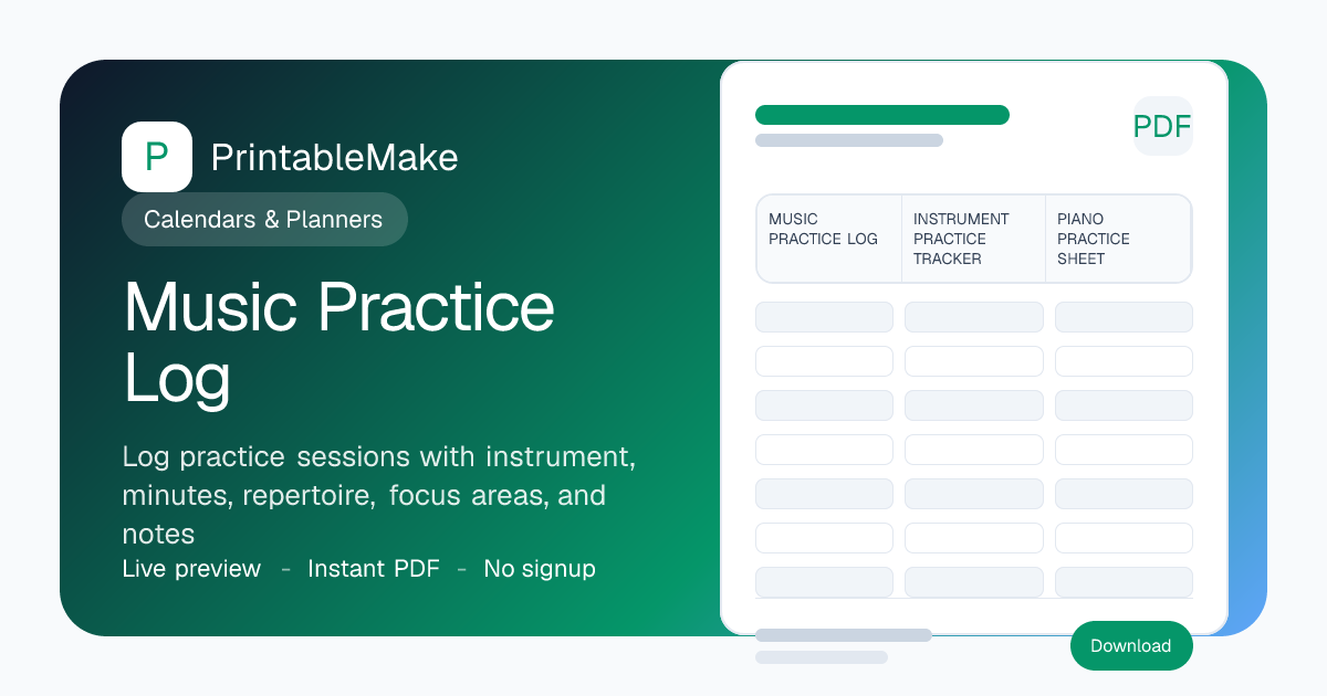 Music Practice Log — Free Printable PDF Tracker | PrintableMake ...