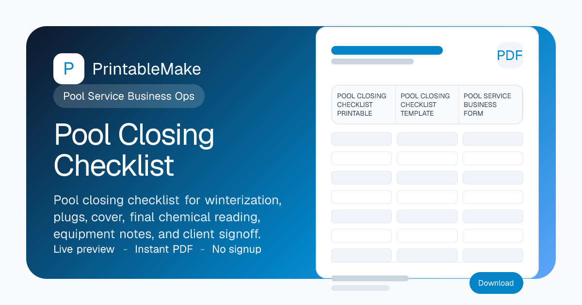 Pool Closing Checklist — Free Printable PDF | PrintableMake | PrintableMake