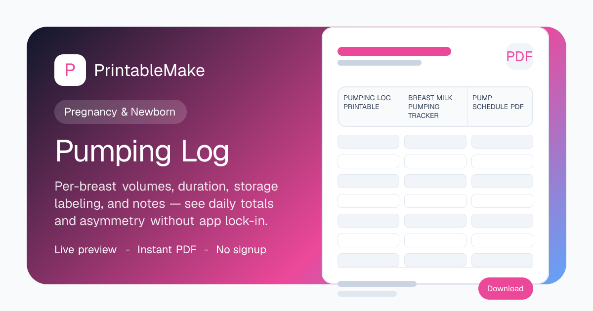 Pumping Log — Free Printable PDF | PrintableMake | PrintableMake