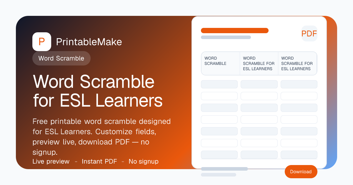 Word Scramble for ESL Learners — Free Printable PDF | PrintableMake