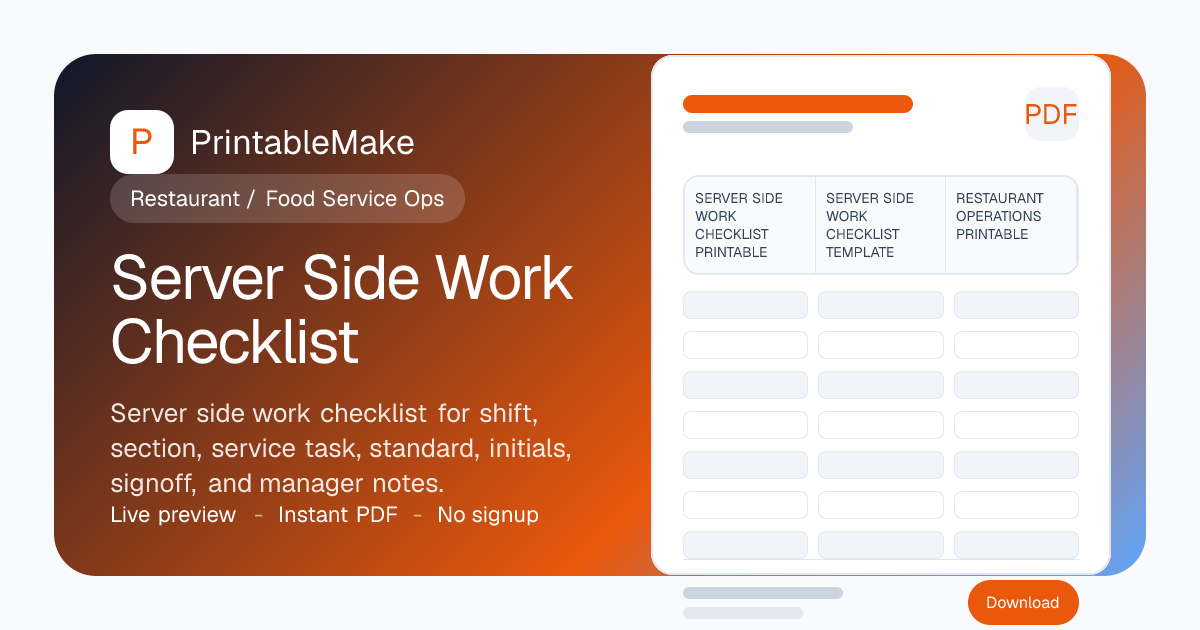 Server Side Work Checklist — Free Printable PDF | PrintableMake
