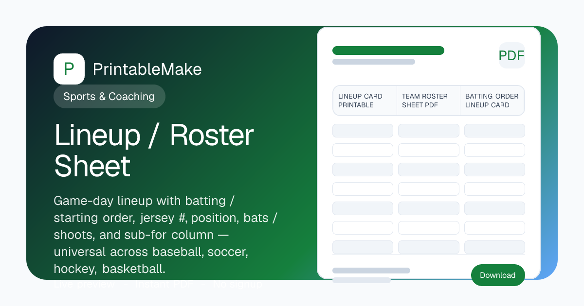 Lineup / Roster Sheet — Free Printable PDF | PrintableMake | PrintableMake