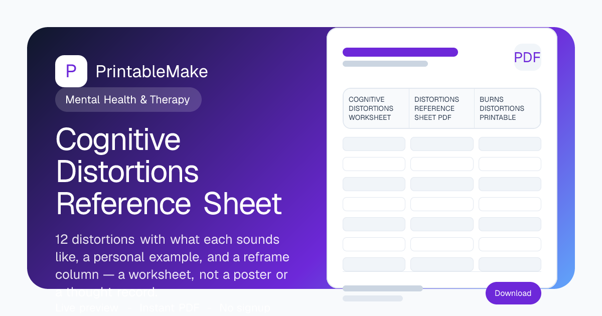 Cognitive Distortions Reference Sheet — Free Printable PDF | PrintableMake