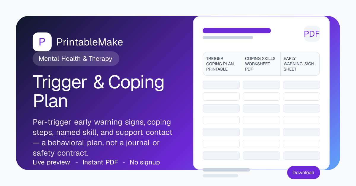 Trigger & Coping Plan — Free Printable PDF | PrintableMake | PrintableMake