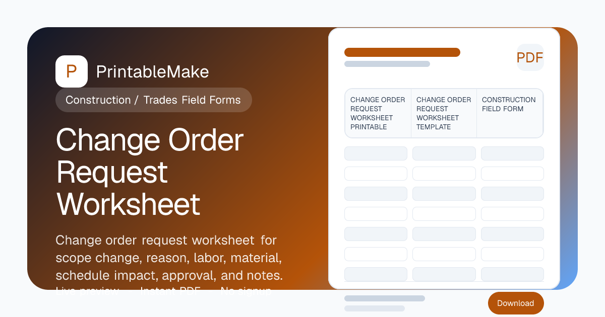 Change Order Request Worksheet — Free Printable PDF | PrintableMake ...