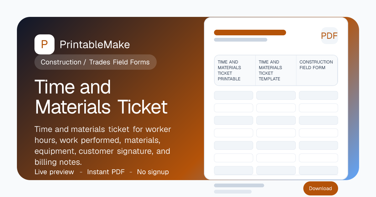 Time and Materials Ticket — Free Printable PDF | PrintableMake ...