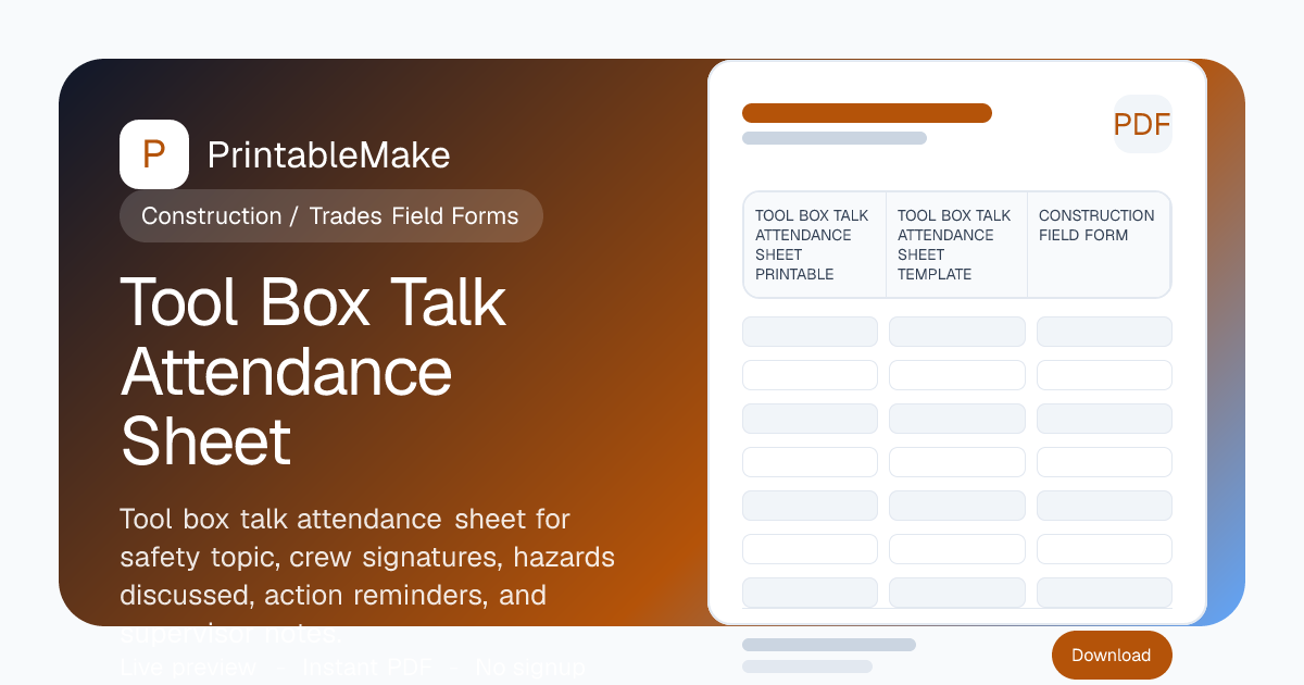 Tool Box Talk Attendance Sheet — Free Printable PDF | PrintableMake