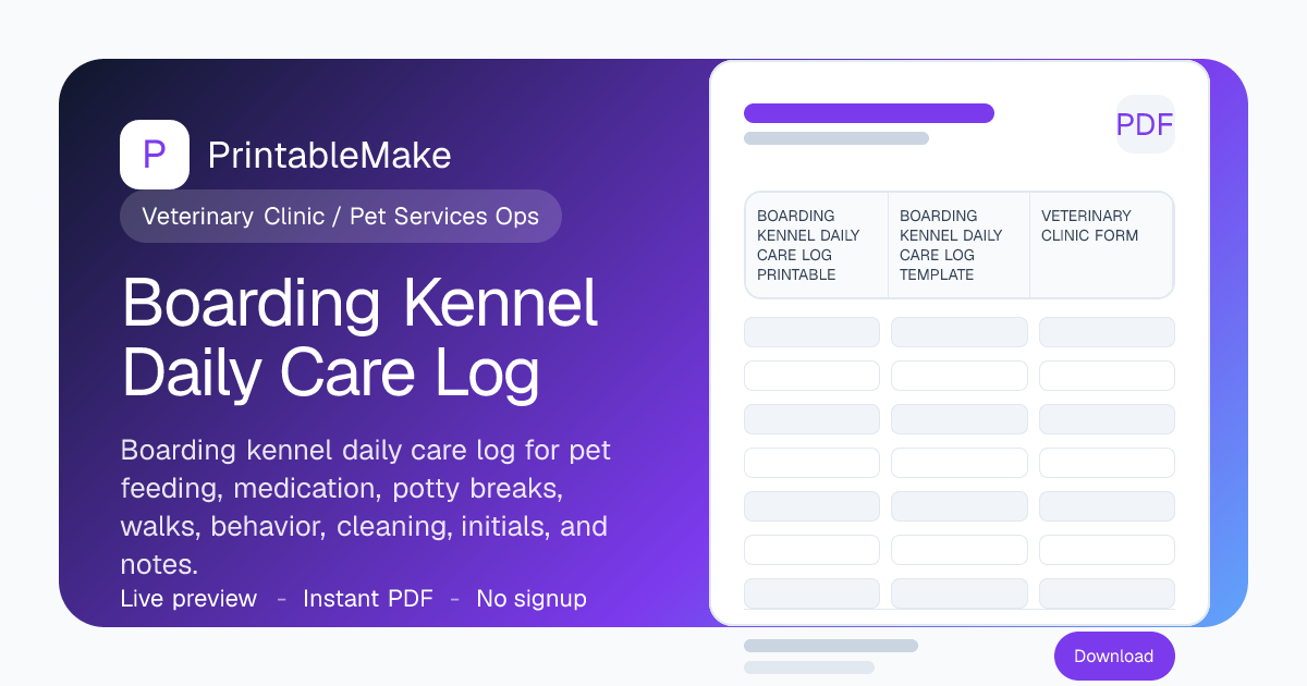 Boarding Kennel Daily Care Log — Free Printable PDF | PrintableMake ...