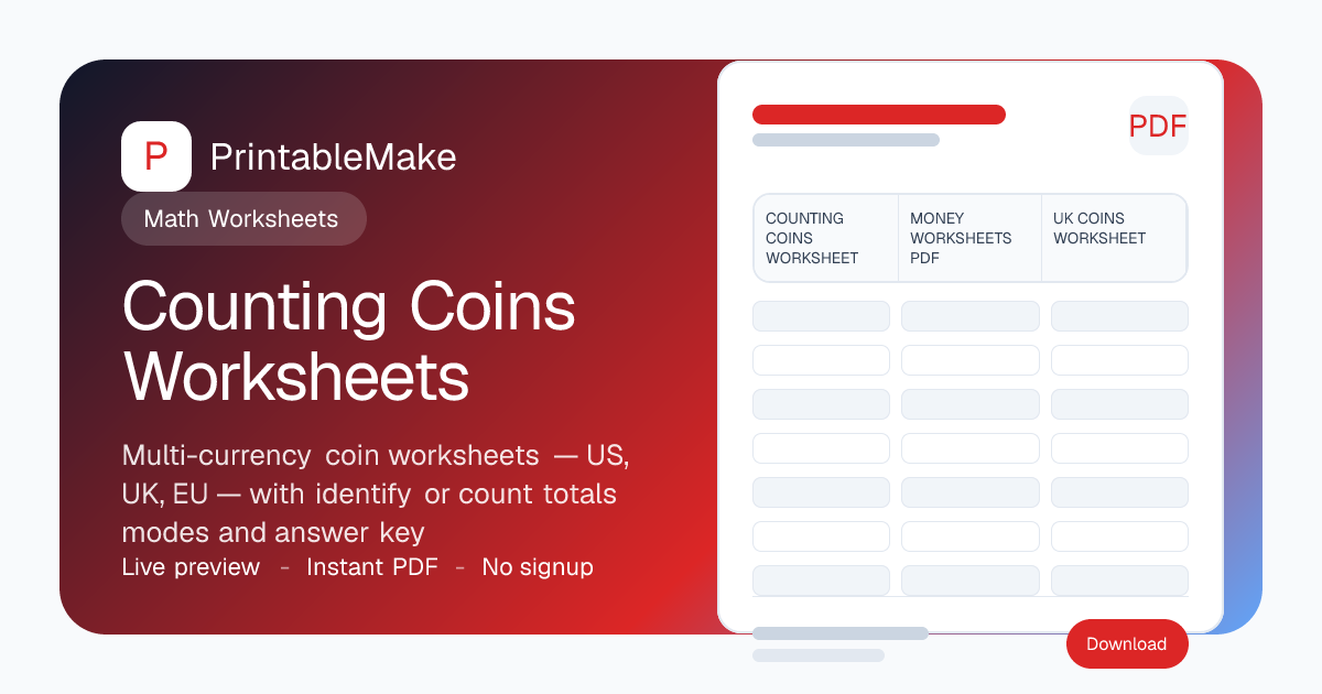Counting Coins Worksheets — US, UK, EU PDF | PrintableMake