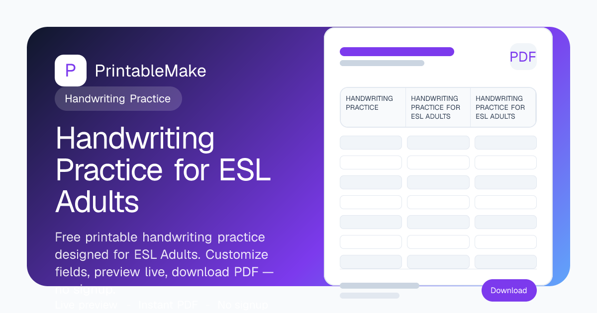 Handwriting Practice for ESL Adults — Free Printable PDF | PrintableMake