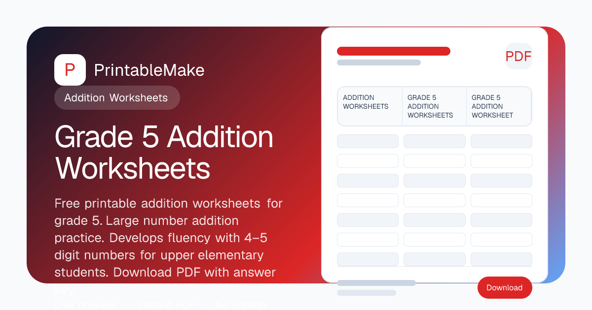 Grade 5 Addition Worksheets — Free Printable PDF