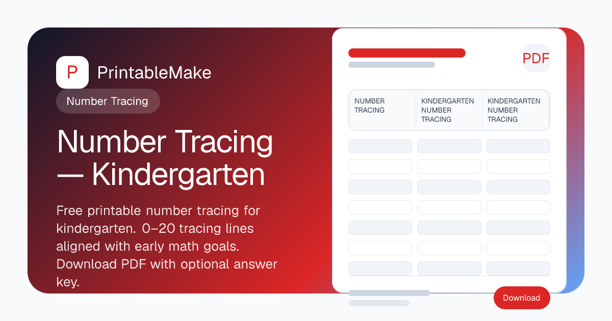 Kindergarten Number Tracing — Free Printable PDF