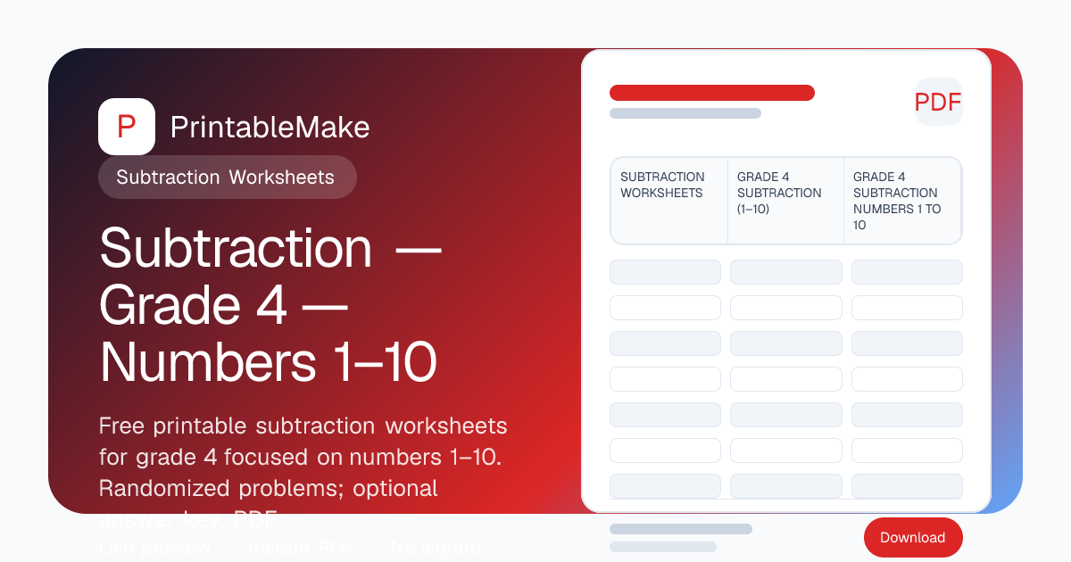 Grade 4 Subtraction Worksheets (1–10) — Free Printable PDF