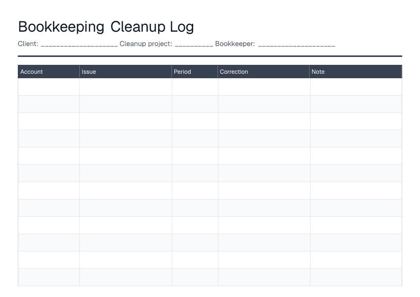 Bookkeeping Cleanup Log — printable PDF preview