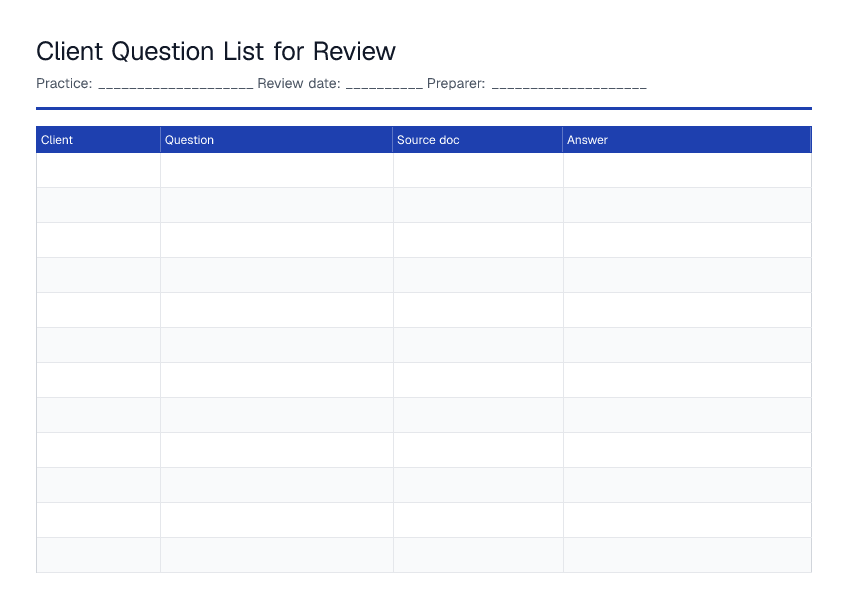 Client Question List for Review — printable PDF preview