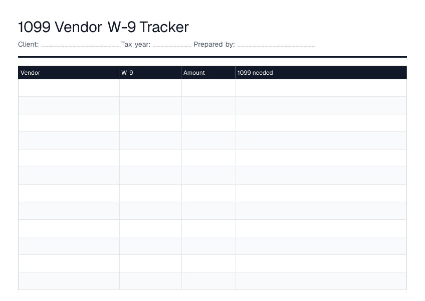 1099 Vendor W-9 Tracker — printable PDF preview