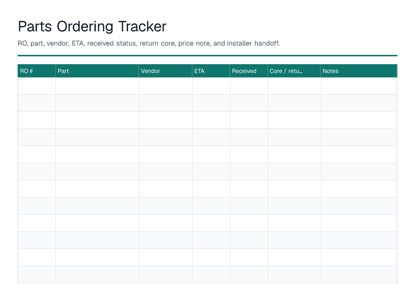 Parts Ordering Tracker — printable PDF preview