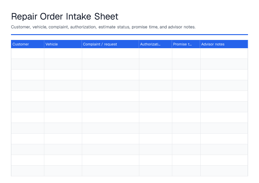 Repair Order Intake Sheet — printable PDF preview