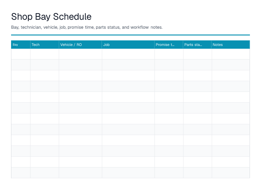 Shop Bay Schedule — printable PDF preview