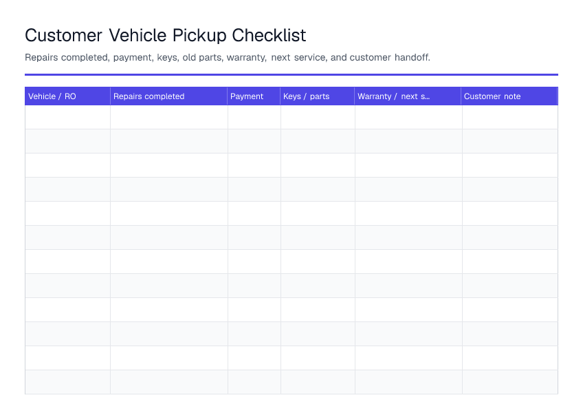 Customer Vehicle Pickup Checklist — printable PDF preview