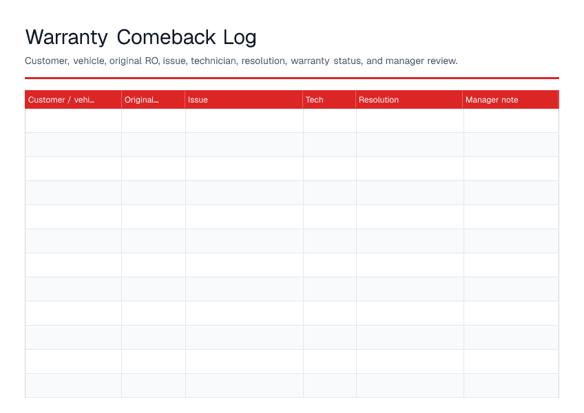 Warranty Comeback Log — printable PDF preview