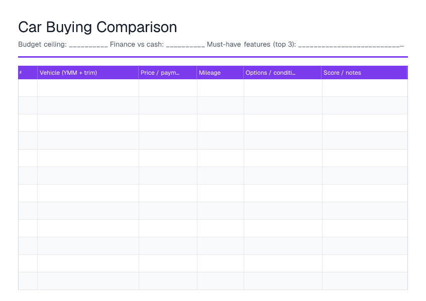 Car Buying Comparison — printable PDF preview
