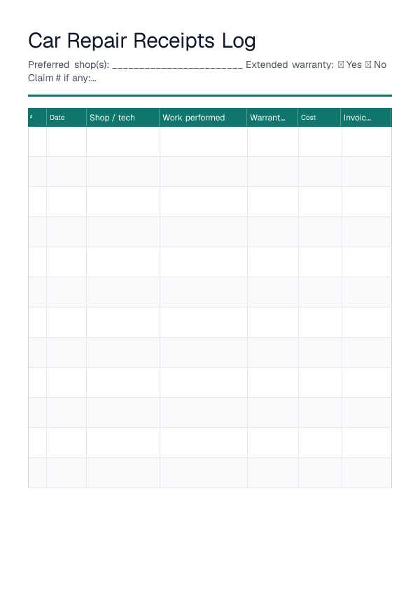 Car Repair Receipts Log — printable PDF preview