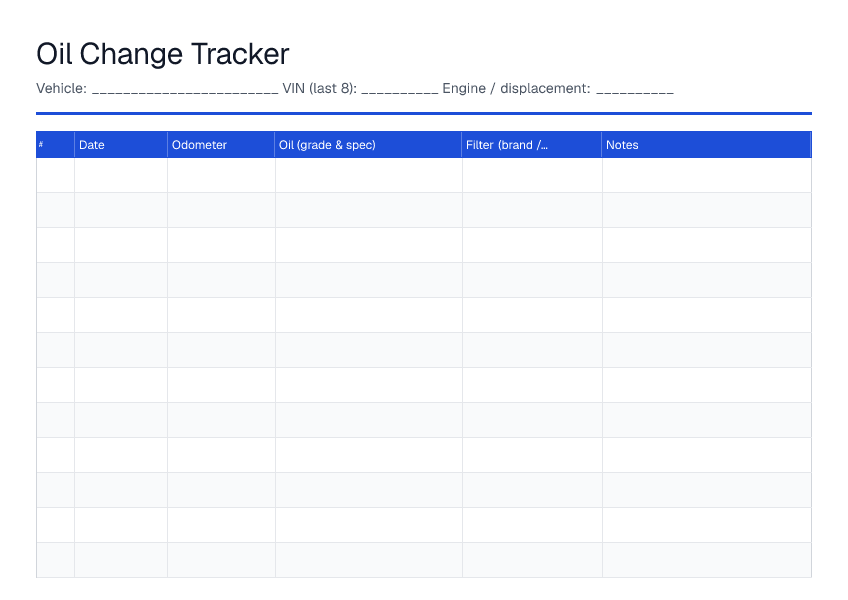 Oil Change Tracker — printable PDF preview